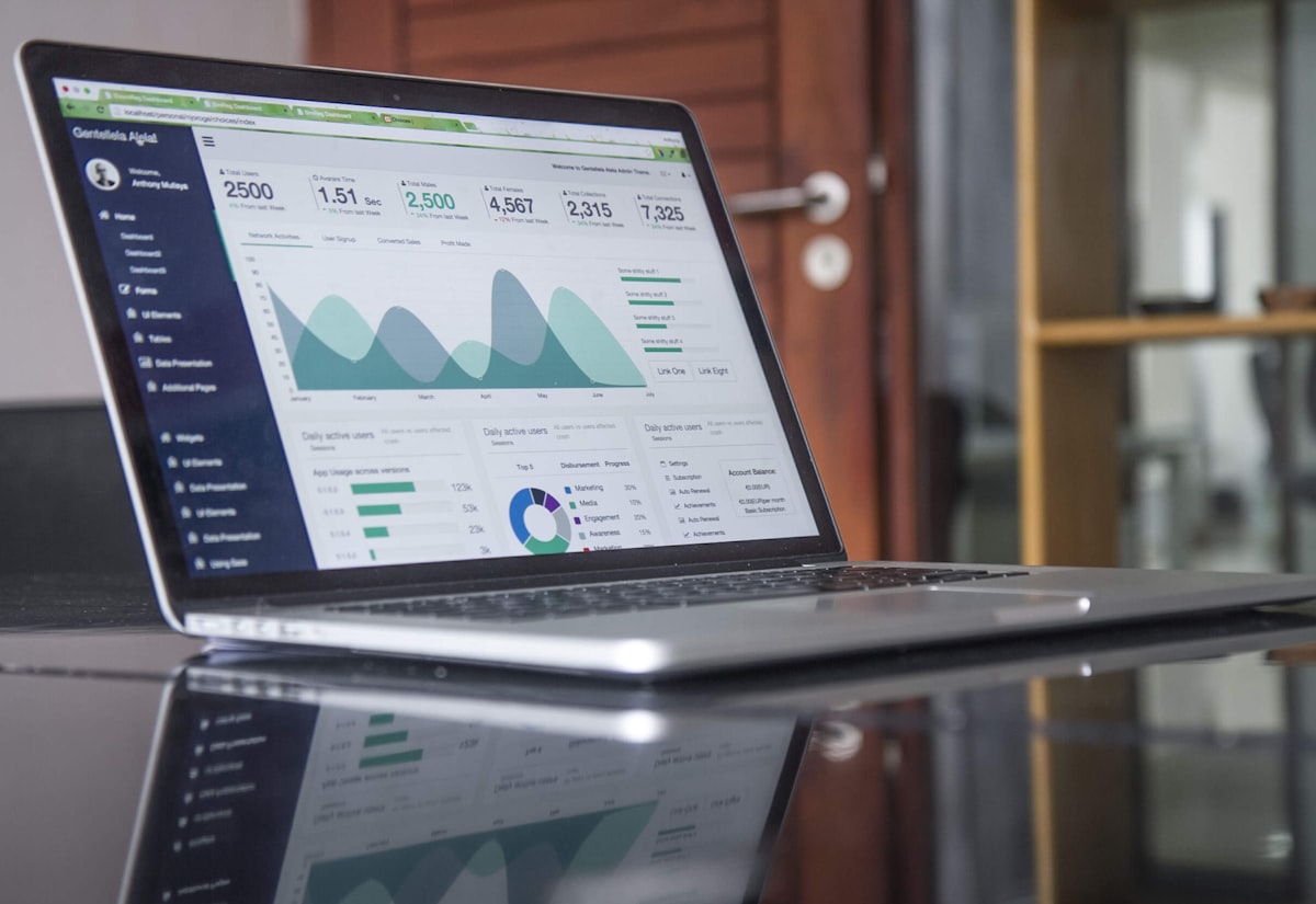 An analytics dashboard showing search traffic and rankings on a laptop